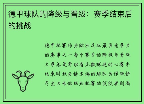 德甲球队的降级与晋级：赛季结束后的挑战